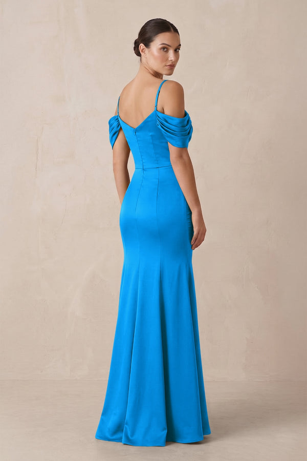 Off - the - Shoulder Mermaid Ruched Bridesmaid Dress in Blue Jay - KISS BRIDAL Bridesmaid Dresses