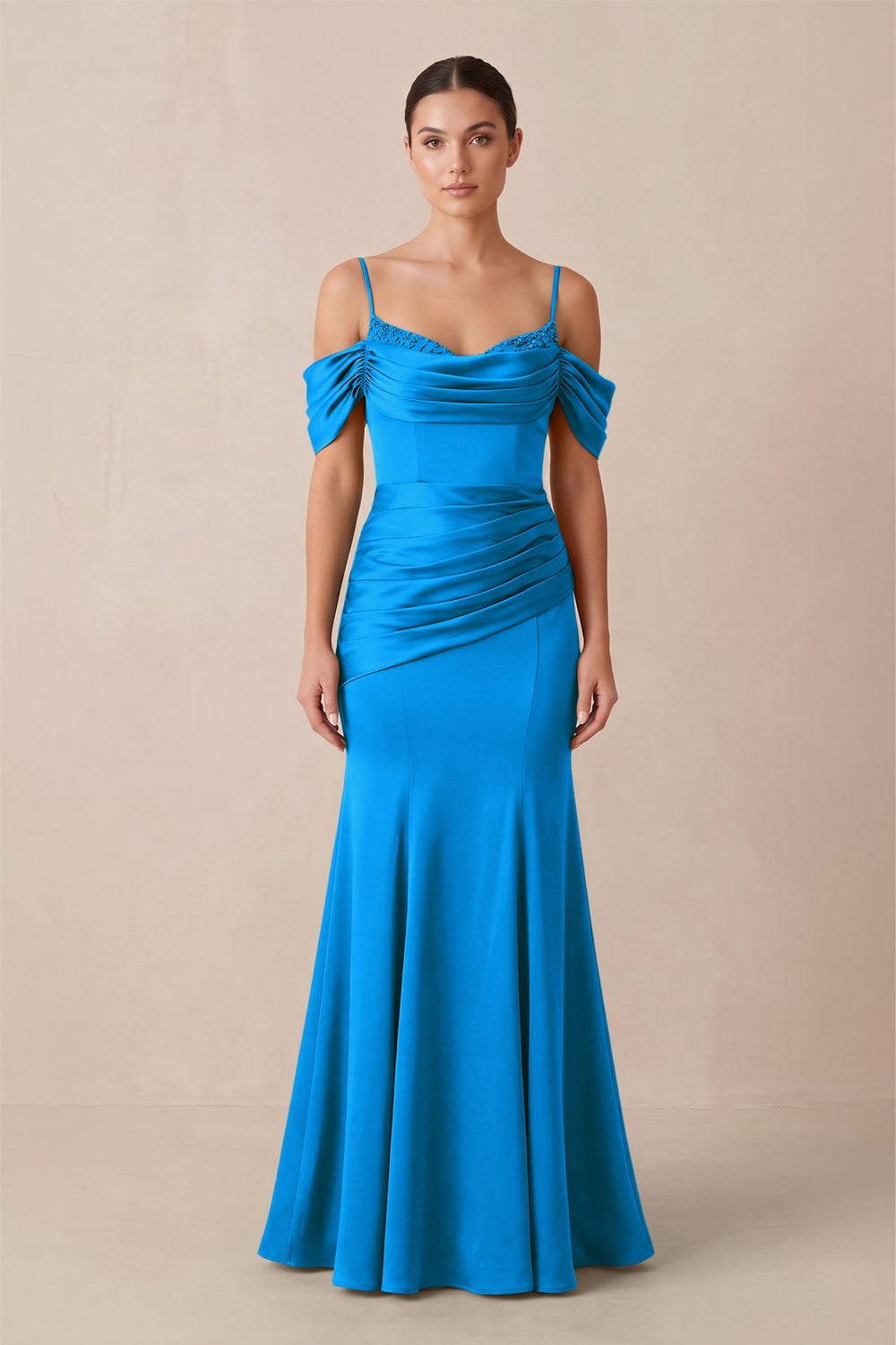 Off - the - Shoulder Mermaid Ruched Bridesmaid Dress in Blue Jay - KISS BRIDAL Bridesmaid Dresses