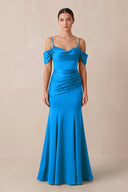Off - the - Shoulder Mermaid Ruched Bridesmaid Dress in Blue Jay - KISS BRIDAL Bridesmaid Dresses