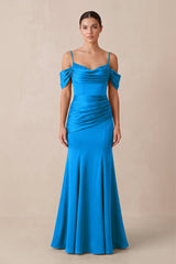 Off - the - Shoulder Mermaid Ruched Bridesmaid Dress in Blue Jay - KISS BRIDAL Bridesmaid Dresses