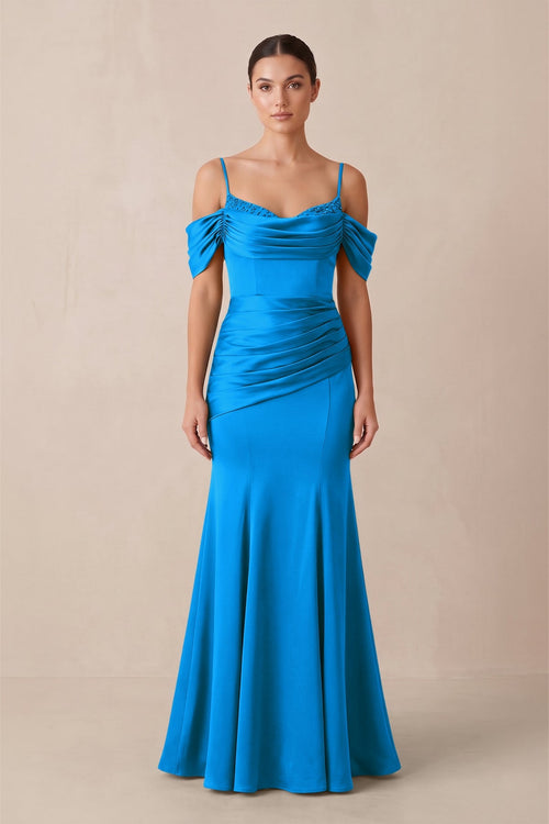 Off - the - Shoulder Mermaid Ruched Bridesmaid Dress in Blue Jay - KISS BRIDAL Bridesmaid Dresses