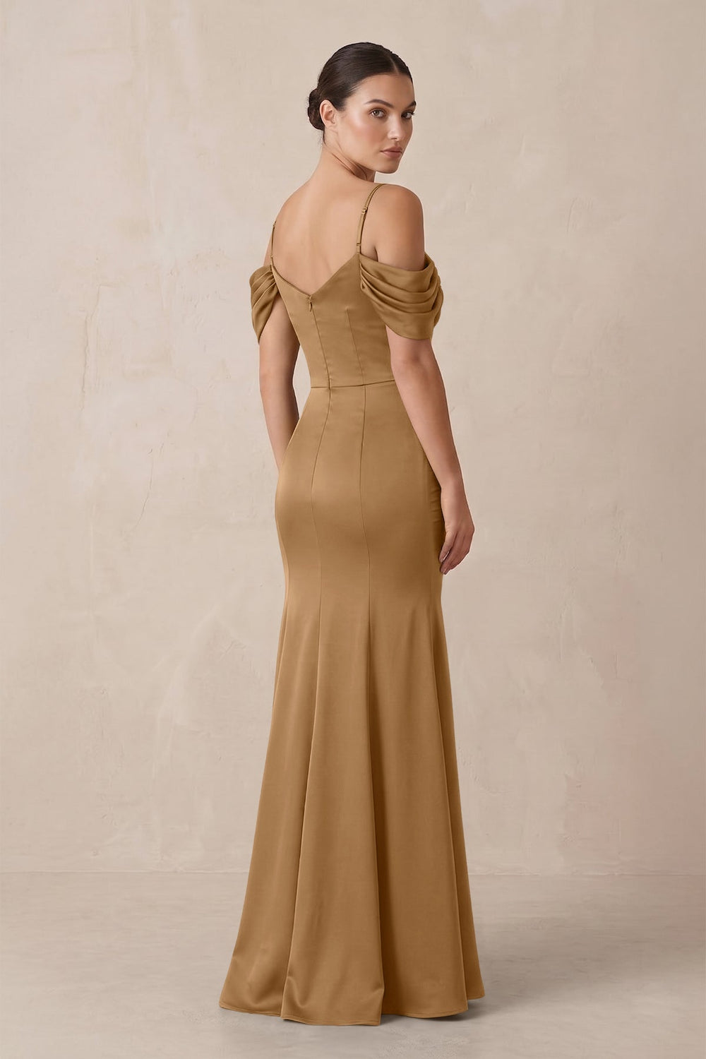 Off - the - Shoulder Mermaid Ruched Bridesmaid Dress in Bronzer - KISS BRIDAL Bridesmaid Dresses