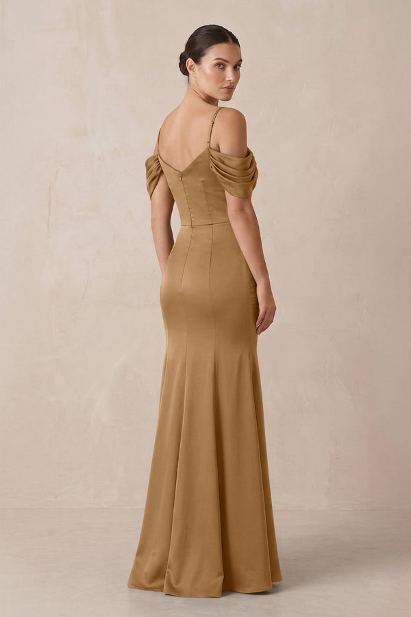 Off - the - Shoulder Mermaid Ruched Bridesmaid Dress in Bronzer - KISS BRIDAL Bridesmaid Dresses