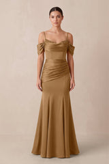 Off - the - Shoulder Mermaid Ruched Bridesmaid Dress in Bronzer - KISS BRIDAL Bridesmaid Dresses