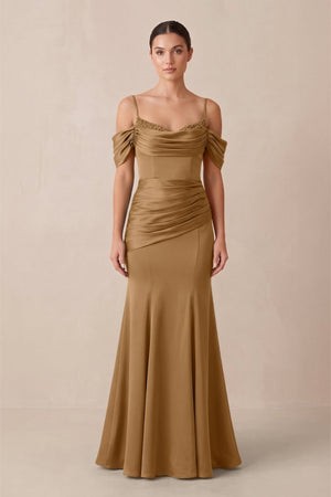 Off - the - Shoulder Mermaid Ruched Bridesmaid Dress in Bronzer - KISS BRIDAL Bridesmaid Dresses