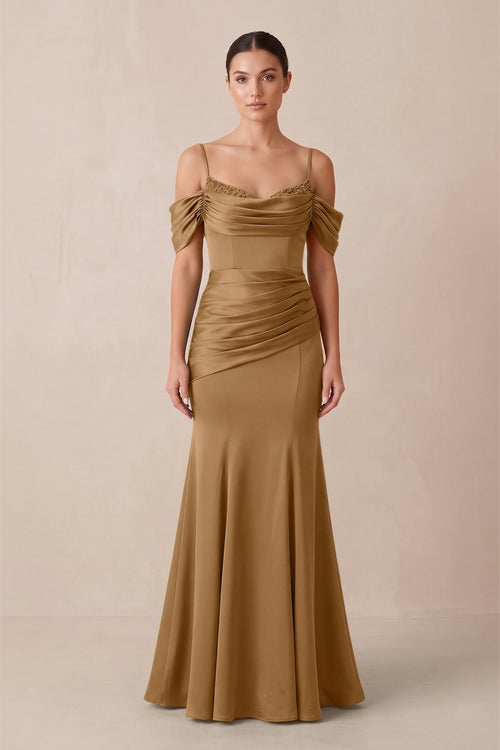 Off - the - Shoulder Mermaid Ruched Bridesmaid Dress in Bronzer - KISS BRIDAL Bridesmaid Dresses