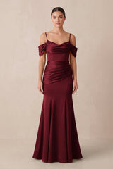 Off - the - Shoulder Mermaid Ruched Bridesmaid Dress in Burgundy - KISS BRIDAL Bridesmaid Dresses