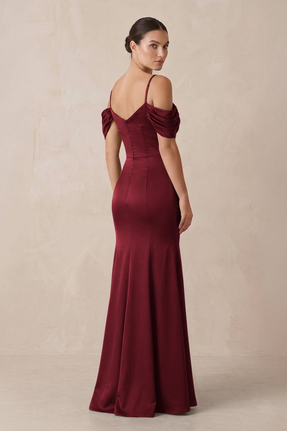 Off - the - Shoulder Mermaid Ruched Bridesmaid Dress in Burgundy - KISS BRIDAL Bridesmaid Dresses