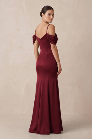 Off - the - Shoulder Mermaid Ruched Bridesmaid Dress in Burgundy - KISS BRIDAL Bridesmaid Dresses