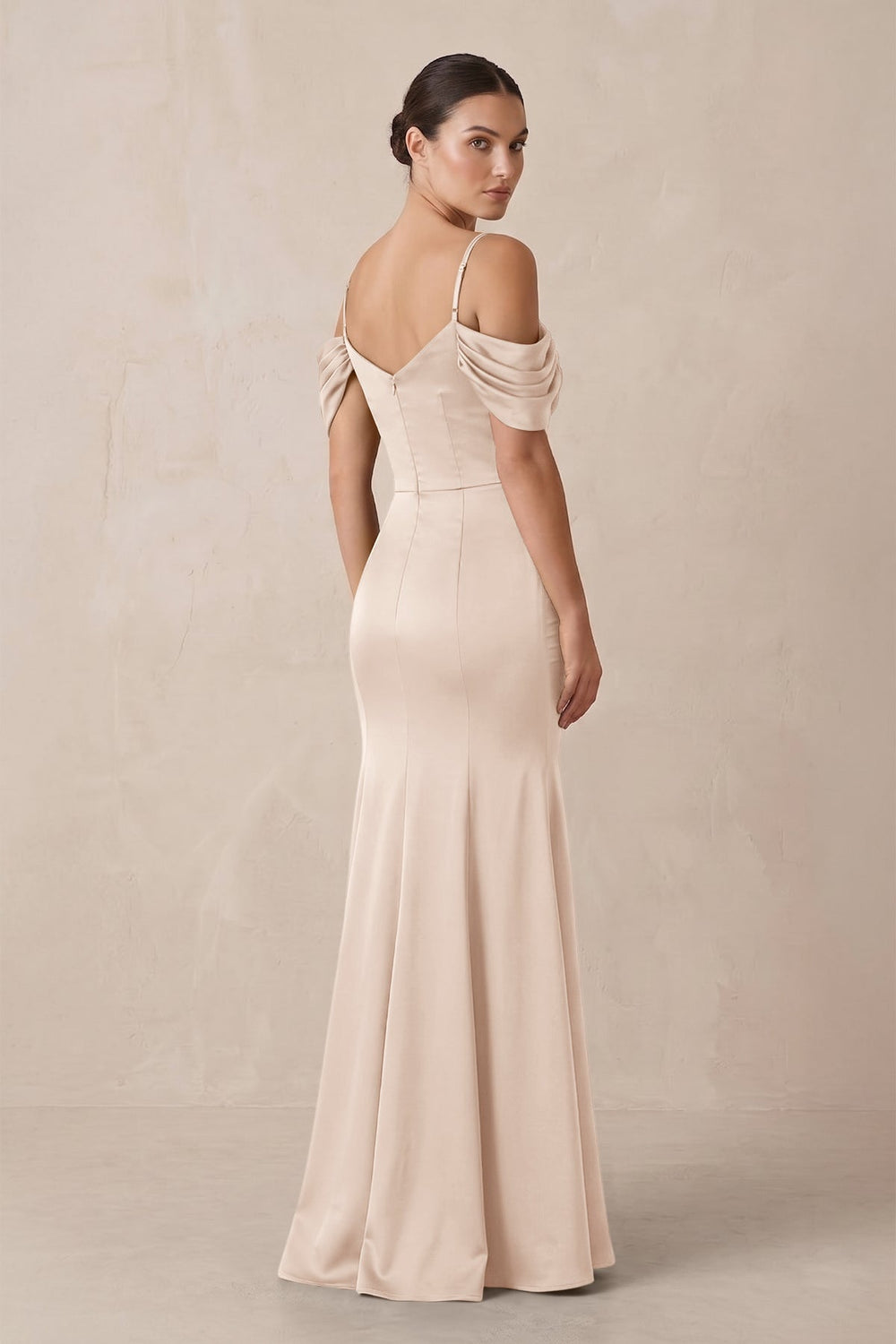 Off - the - Shoulder Mermaid Ruched Bridesmaid Dress in Buttercream - KISS BRIDAL Bridesmaid Dresses