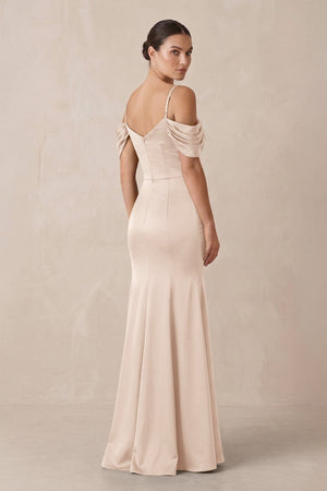 Off - the - Shoulder Mermaid Ruched Bridesmaid Dress in Buttercream - KISS BRIDAL Bridesmaid Dresses