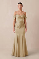 Off - the - Shoulder Mermaid Ruched Bridesmaid Dress in Champagne - KISS BRIDAL Bridesmaid Dresses