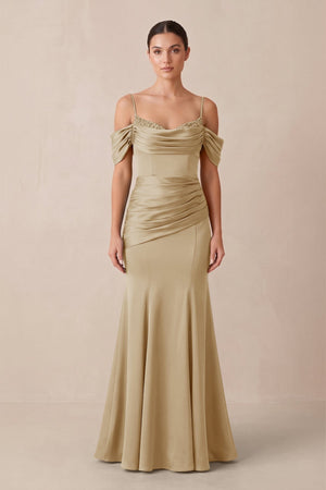 Off - the - Shoulder Mermaid Ruched Bridesmaid Dress in Champagne - KISS BRIDAL Bridesmaid Dresses