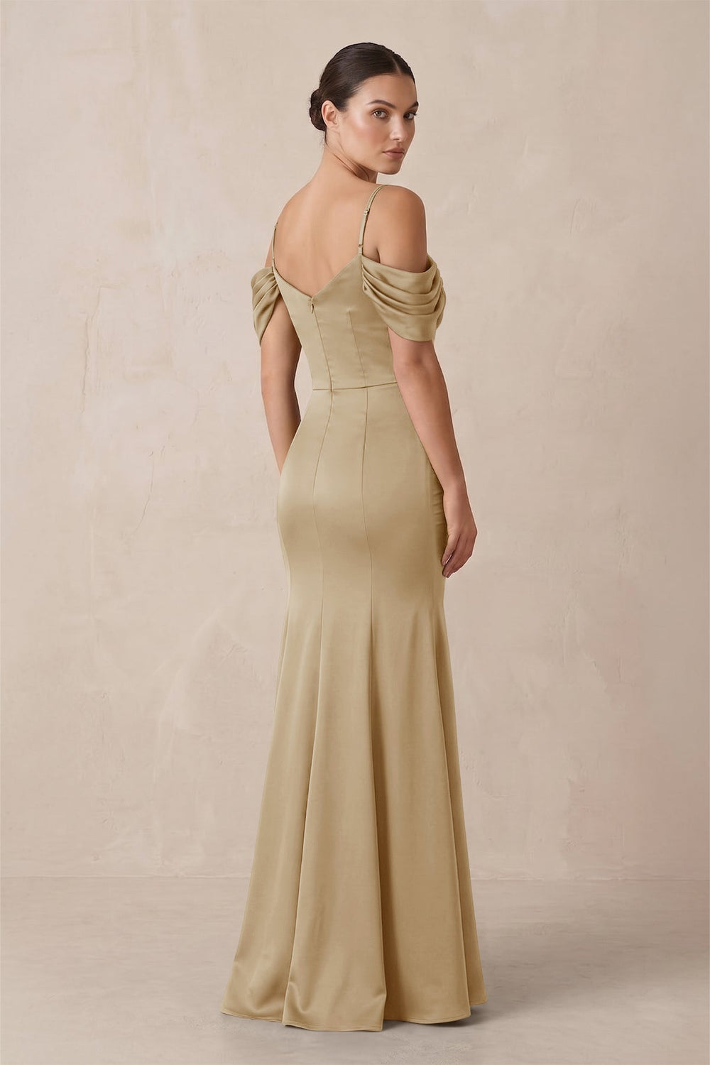 Off - the - Shoulder Mermaid Ruched Bridesmaid Dress in Champagne - KISS BRIDAL Bridesmaid Dresses