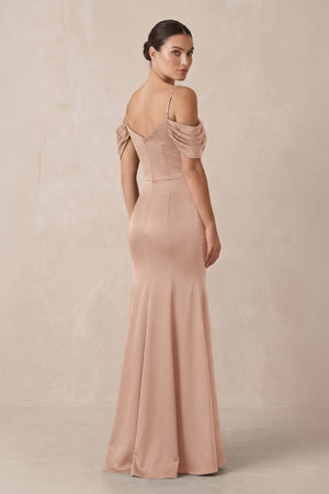 Off - the - Shoulder Mermaid Ruched Bridesmaid Dress in Champagne Rose - KISS BRIDAL Bridesmaid Dresses