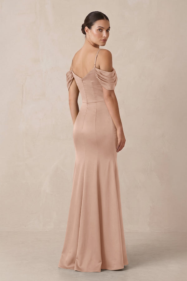 Off - the - Shoulder Mermaid Ruched Bridesmaid Dress in Champagne Rose - KISS BRIDAL Bridesmaid Dresses