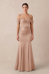 Off - the - Shoulder Mermaid Ruched Bridesmaid Dress in Champagne Rose - KISS BRIDAL Bridesmaid Dresses