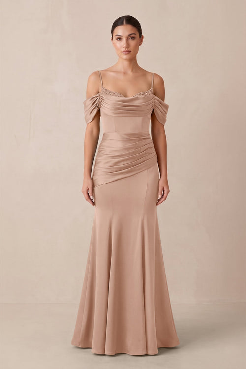 Off - the - Shoulder Mermaid Ruched Bridesmaid Dress in Champagne Rose - KISS BRIDAL Bridesmaid Dresses