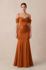 Off - the - Shoulder Mermaid Ruched Bridesmaid Dress in Cinnamon - KISS BRIDAL Bridesmaid Dresses