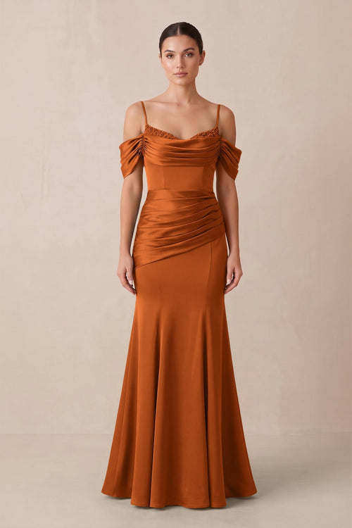 Off - the - Shoulder Mermaid Ruched Bridesmaid Dress in Cinnamon - KISS BRIDAL Bridesmaid Dresses