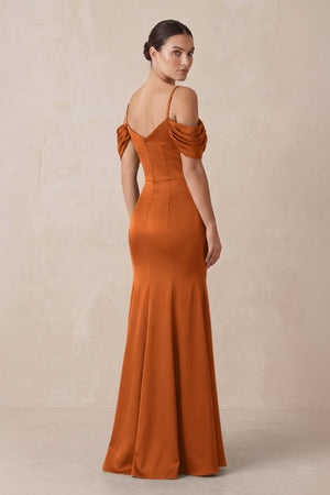 Off - the - Shoulder Mermaid Ruched Bridesmaid Dress in Cinnamon - KISS BRIDAL Bridesmaid Dresses