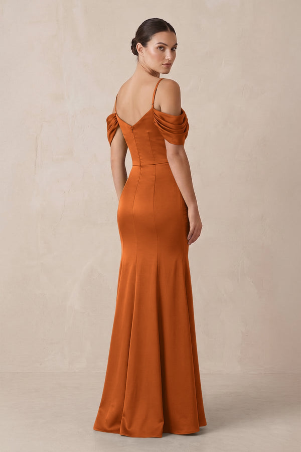 Off - the - Shoulder Mermaid Ruched Bridesmaid Dress in Cinnamon - KISS BRIDAL Bridesmaid Dresses