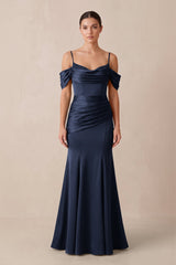 Off - the - Shoulder Mermaid Ruched Bridesmaid Dress in Dark Navy - KISS BRIDAL Bridesmaid Dresses