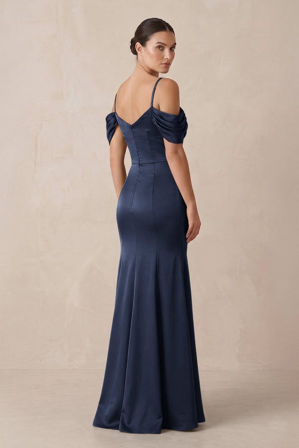 Off - the - Shoulder Mermaid Ruched Bridesmaid Dress in Dark Navy - KISS BRIDAL Bridesmaid Dresses
