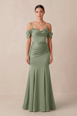 Off - the - Shoulder Mermaid Ruched Bridesmaid Dress in Dove Gray - KISS BRIDAL Bridesmaid Dresses