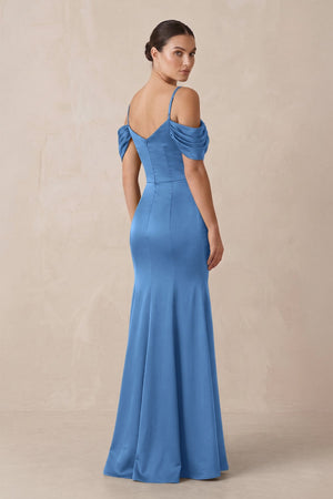 Off - the - Shoulder Mermaid Ruched Bridesmaid Dress in Dusty Blue - KISS BRIDAL Bridesmaid Dresses