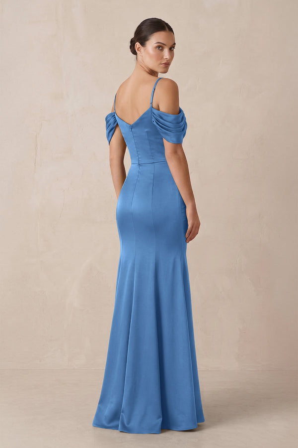 Off - the - Shoulder Mermaid Ruched Bridesmaid Dress in Dusty Blue - KISS BRIDAL Bridesmaid Dresses