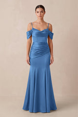 Off - the - Shoulder Mermaid Ruched Bridesmaid Dress in Dusty Blue - KISS BRIDAL Bridesmaid Dresses