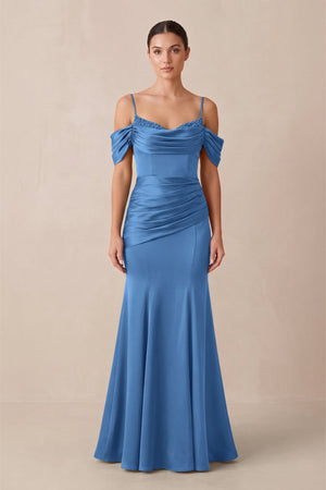 Off - the - Shoulder Mermaid Ruched Bridesmaid Dress in Dusty Blue - KISS BRIDAL Bridesmaid Dresses