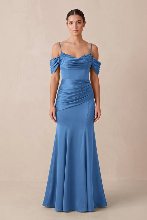 Off - the - Shoulder Mermaid Ruched Bridesmaid Dress in Dusty Blue - KISS BRIDAL Bridesmaid Dresses