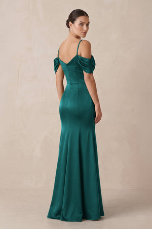 Off - the - Shoulder Mermaid Ruched Bridesmaid Dress in Emerald - KISS BRIDAL Bridesmaid Dresses