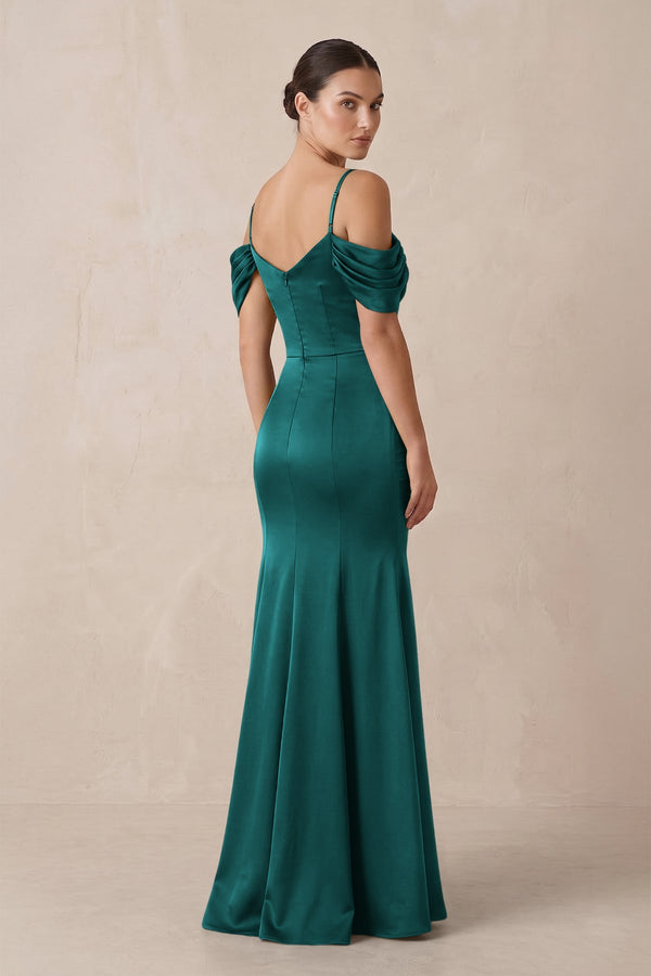 Off - the - Shoulder Mermaid Ruched Bridesmaid Dress in Emerald - KISS BRIDAL Bridesmaid Dresses