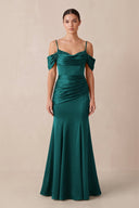 Off - the - Shoulder Mermaid Ruched Bridesmaid Dress in Emerald - KISS BRIDAL Bridesmaid Dresses