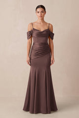 Off - the - Shoulder Mermaid Ruched Bridesmaid Dress in Espresso - KISS BRIDAL Bridesmaid Dresses