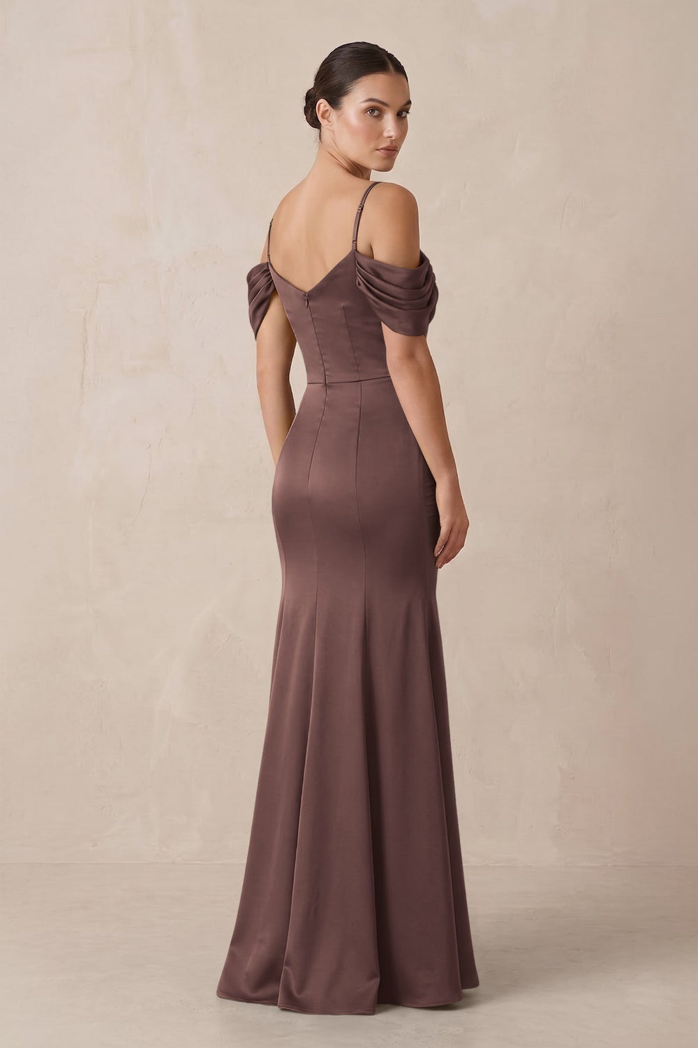 Off - the - Shoulder Mermaid Ruched Bridesmaid Dress in Espresso - KISS BRIDAL Bridesmaid Dresses