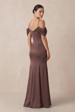 Off - the - Shoulder Mermaid Ruched Bridesmaid Dress in Espresso - KISS BRIDAL Bridesmaid Dresses