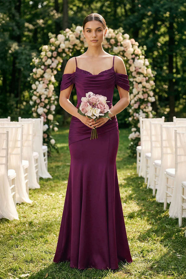 Off - the - Shoulder Mermaid Ruched Bridesmaid Dress in Fig - KISS BRIDAL Bridesmaid Dresses