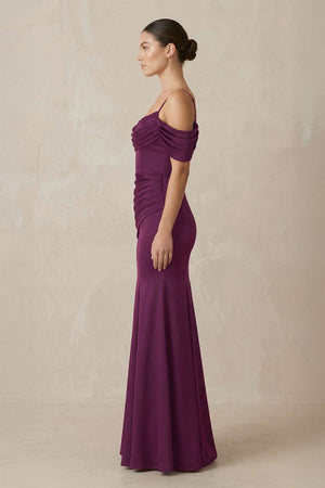 Off - the - Shoulder Mermaid Ruched Bridesmaid Dress in Fig - KISS BRIDAL Bridesmaid Dresses