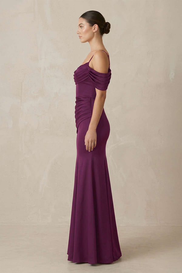 Off - the - Shoulder Mermaid Ruched Bridesmaid Dress in Fig - KISS BRIDAL Bridesmaid Dresses