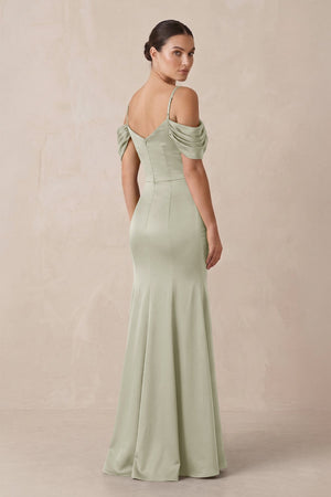 Off - the - Shoulder Mermaid Ruched Bridesmaid Dress in Frost - KISS BRIDAL Bridesmaid Dresses