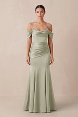 Off - the - Shoulder Mermaid Ruched Bridesmaid Dress in Frost - KISS BRIDAL Bridesmaid Dresses