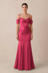 Off - the - Shoulder Mermaid Ruched Bridesmaid Dress in Fuchsia - KISS BRIDAL Bridesmaid Dresses