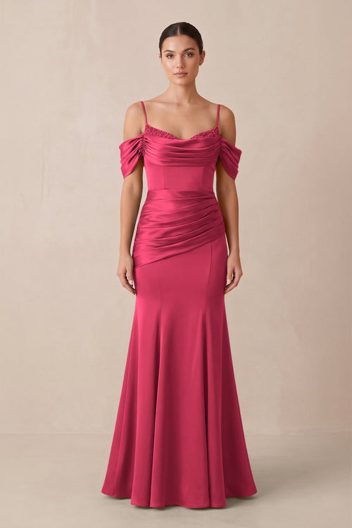 Off - the - Shoulder Mermaid Ruched Bridesmaid Dress in Fuchsia - KISS BRIDAL Bridesmaid Dresses