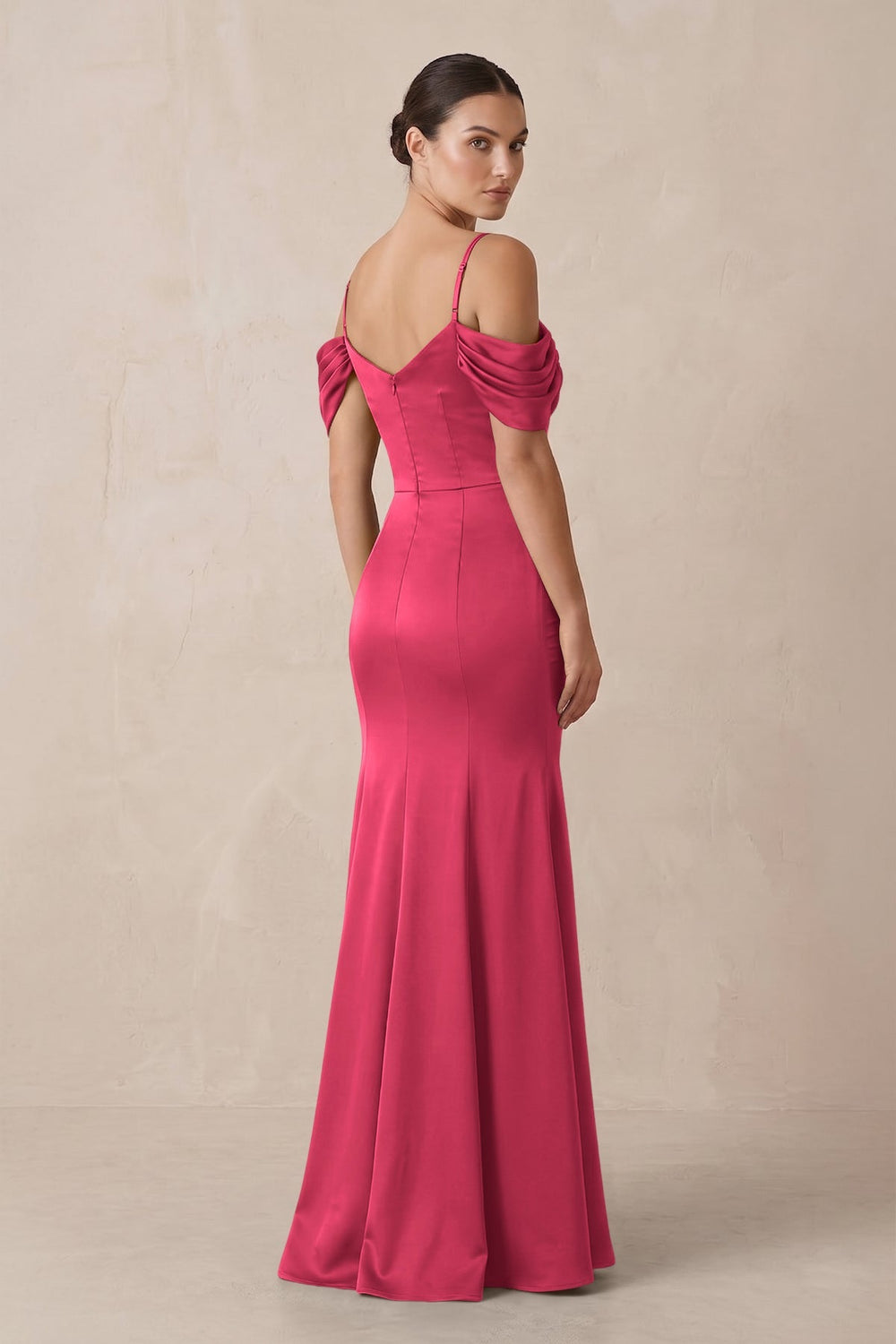Off - the - Shoulder Mermaid Ruched Bridesmaid Dress in Fuchsia - KISS BRIDAL Bridesmaid Dresses
