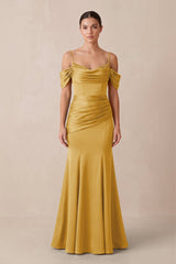 Off - the - Shoulder Mermaid Ruched Bridesmaid Dress in Gold - KISS BRIDAL Bridesmaid Dresses