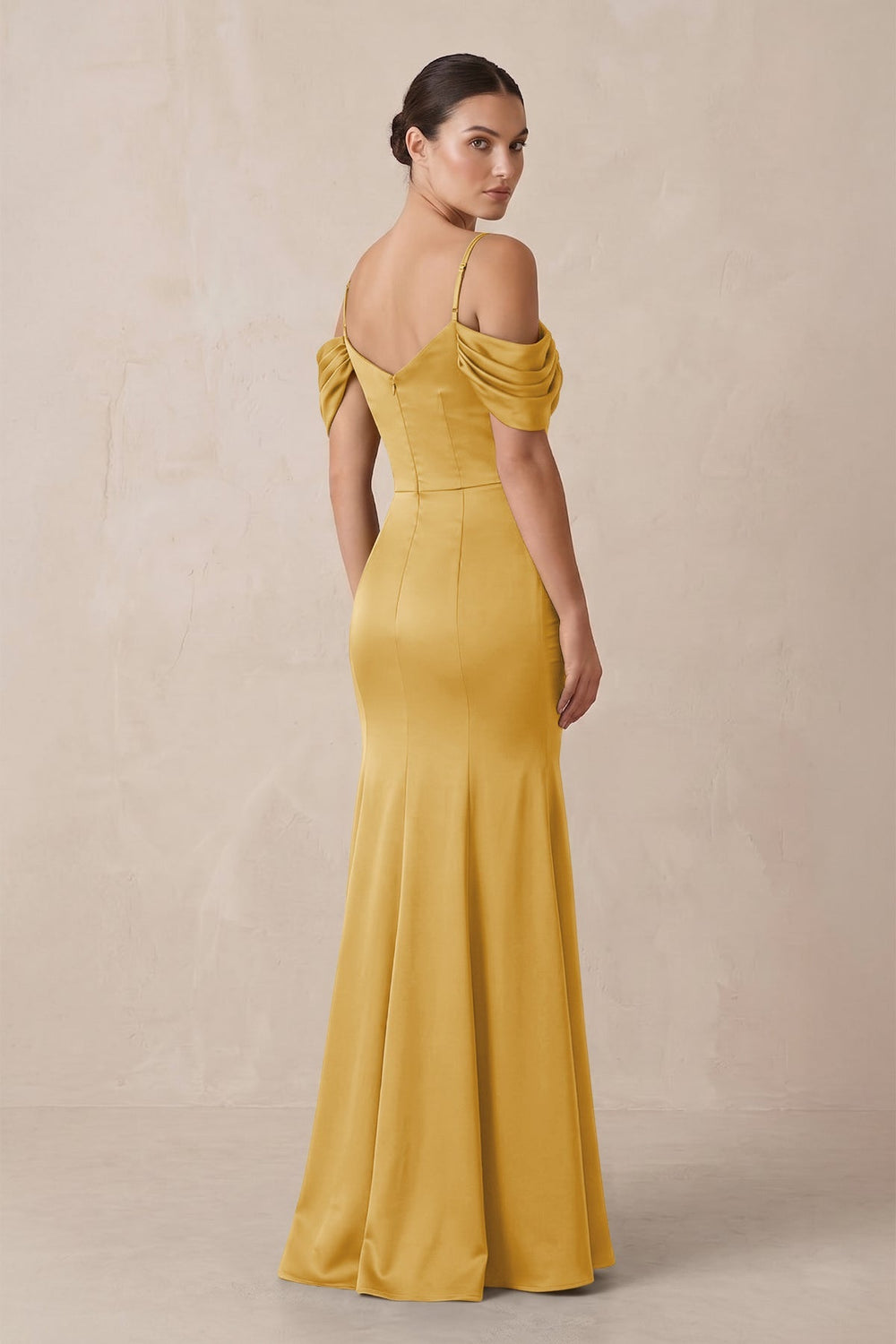 Off - the - Shoulder Mermaid Ruched Bridesmaid Dress in Gold - SHE IS ME Bridesmaid Dresses
